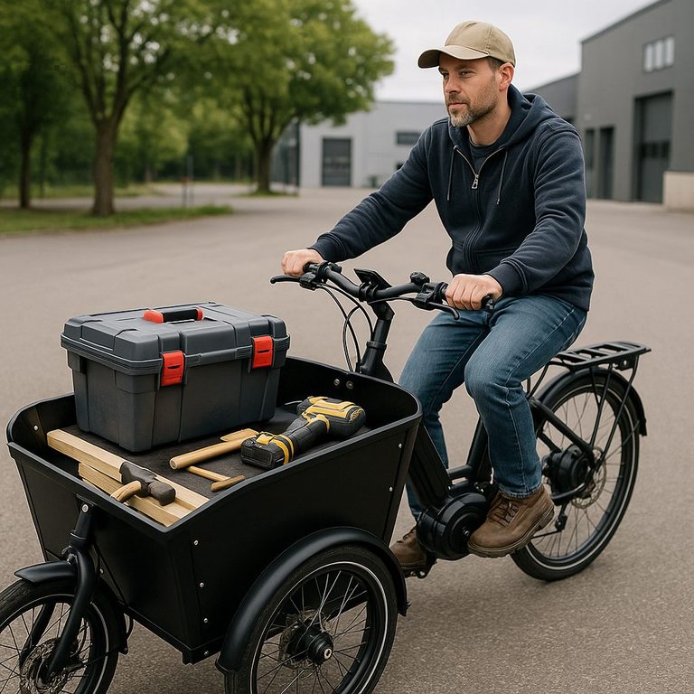 Visuel facility management — technicien à vélo cargo avec caisse à outils (vélo cargo électrique financé par CEE)