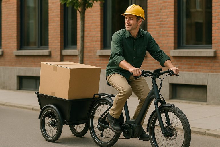 Livraison colis — remorque vélo cargo en centre-ville (vélo cargo électrique financé par CEE)